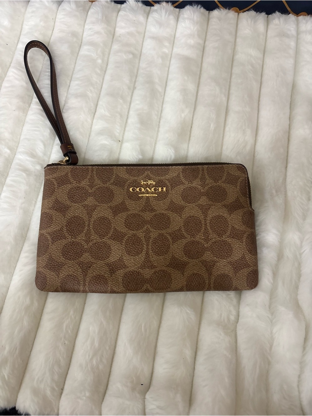 COACH Brown Signature Canvas Wristlet Pouch with Gold Logo